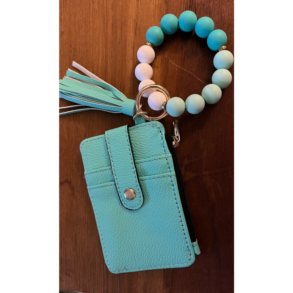 Boho Beaded & Tassel Wristlet Teal Keychain Wallet ID holder Credit Card Holder